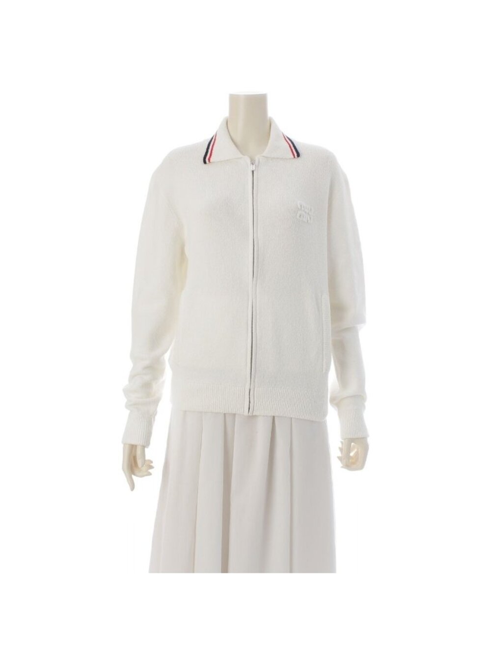 Miu Miu Tricolor Line Cotton Nylon Logo Zip Up Brushed Pile Jacket Top White